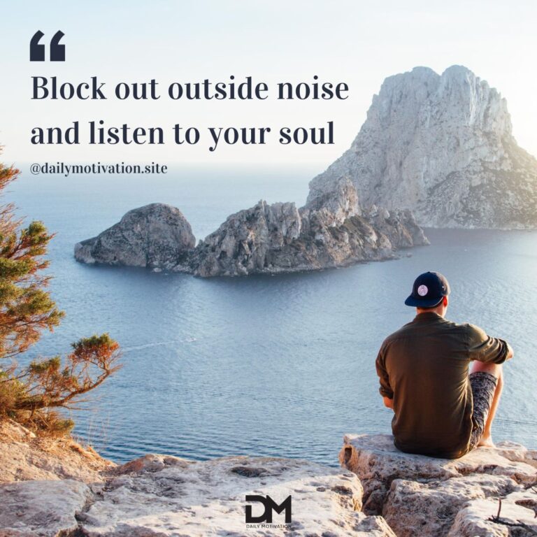 A man sits peacefully on a cliff edge looking at the ocean and some large rocks. Text reads black out outside noise and listen to your soul.