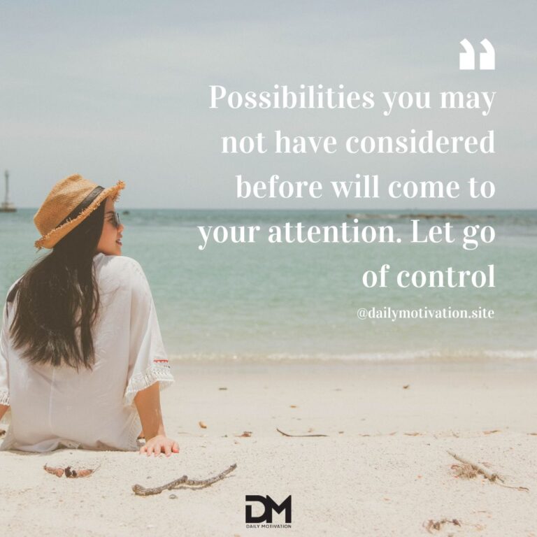 A woman with long brown hair sits on a white sand beach in front of aqua blue water. Text reads Possibilities you may not have considered will come to your attention. Let go of control.