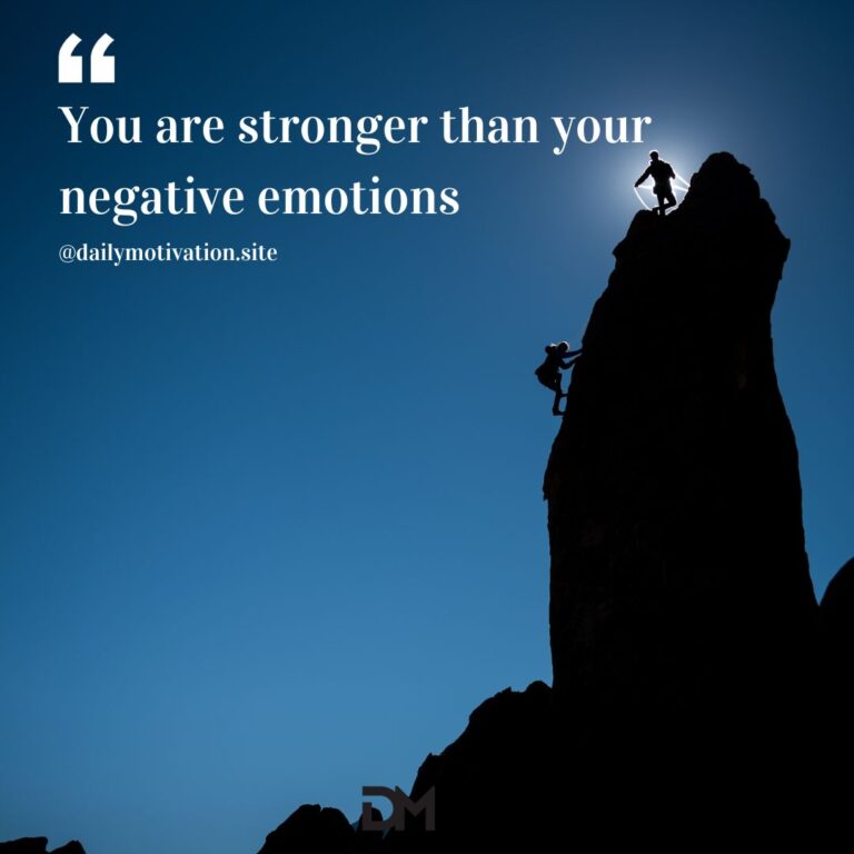 A shadow of a person stadning on top of a very tall rock in contrast with a dark blue sky. Text reads You are stronger than your negative conditions.