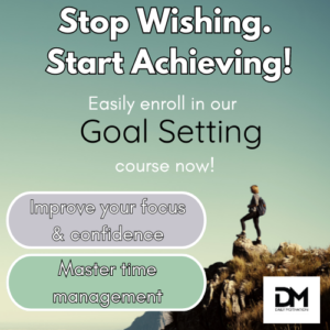 A woman stands on top of a mountain high in the sky. Text reads: stop wishing. Start achieving!